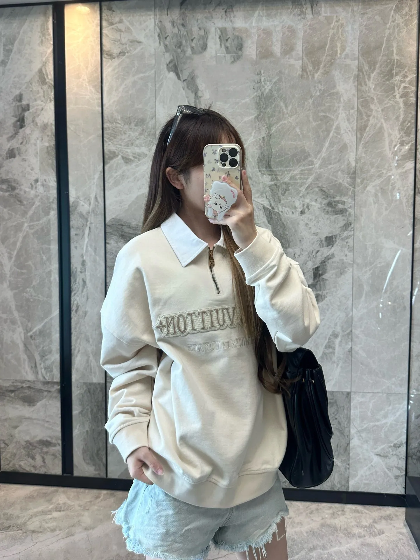 Louis Vuitton/Louis Vuitton 25Fw letter embroidered white lapel half-zip sweatshirt